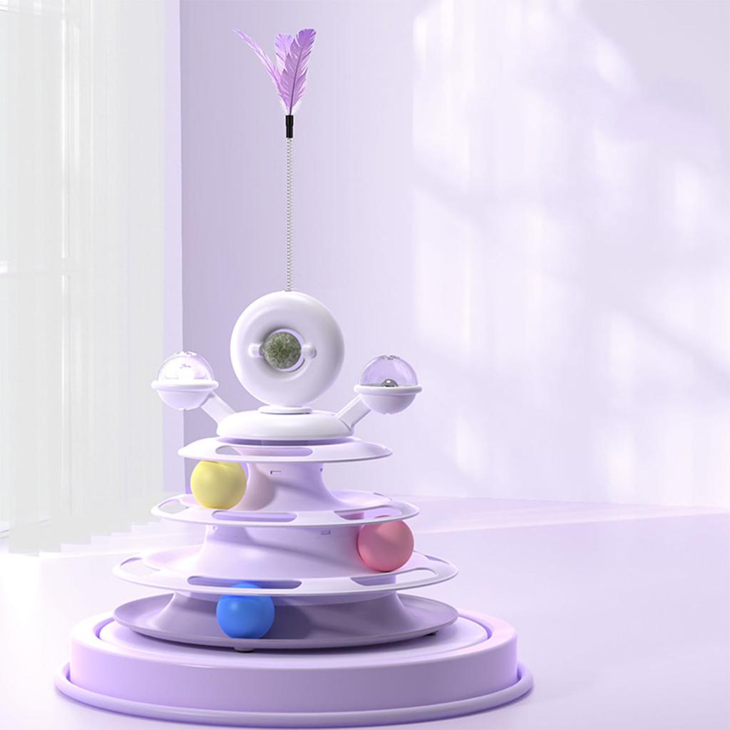 Cat Ball Tower Toy with Feather Catnip 4 Layer Rail Pet Turntable Game for Exercise Purple