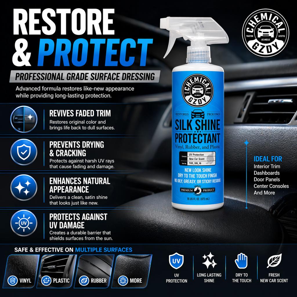 Professional Silk Shine Protectant spray 473ml– Interior Dressing for Vinyl Rubber Plastic Trim, UV Resistant Shine Enhancer