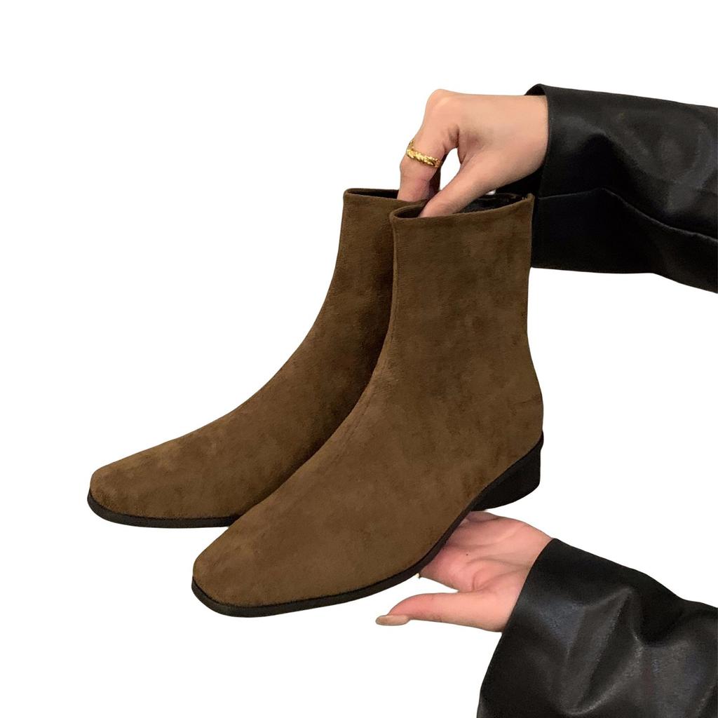 Туфли женские 2025 новые весенне-осенне-зимние бархатные тонкие короткие ботильоны Мартин на толстом каблуке с квадратным носком, корейские маленькие ботильоны