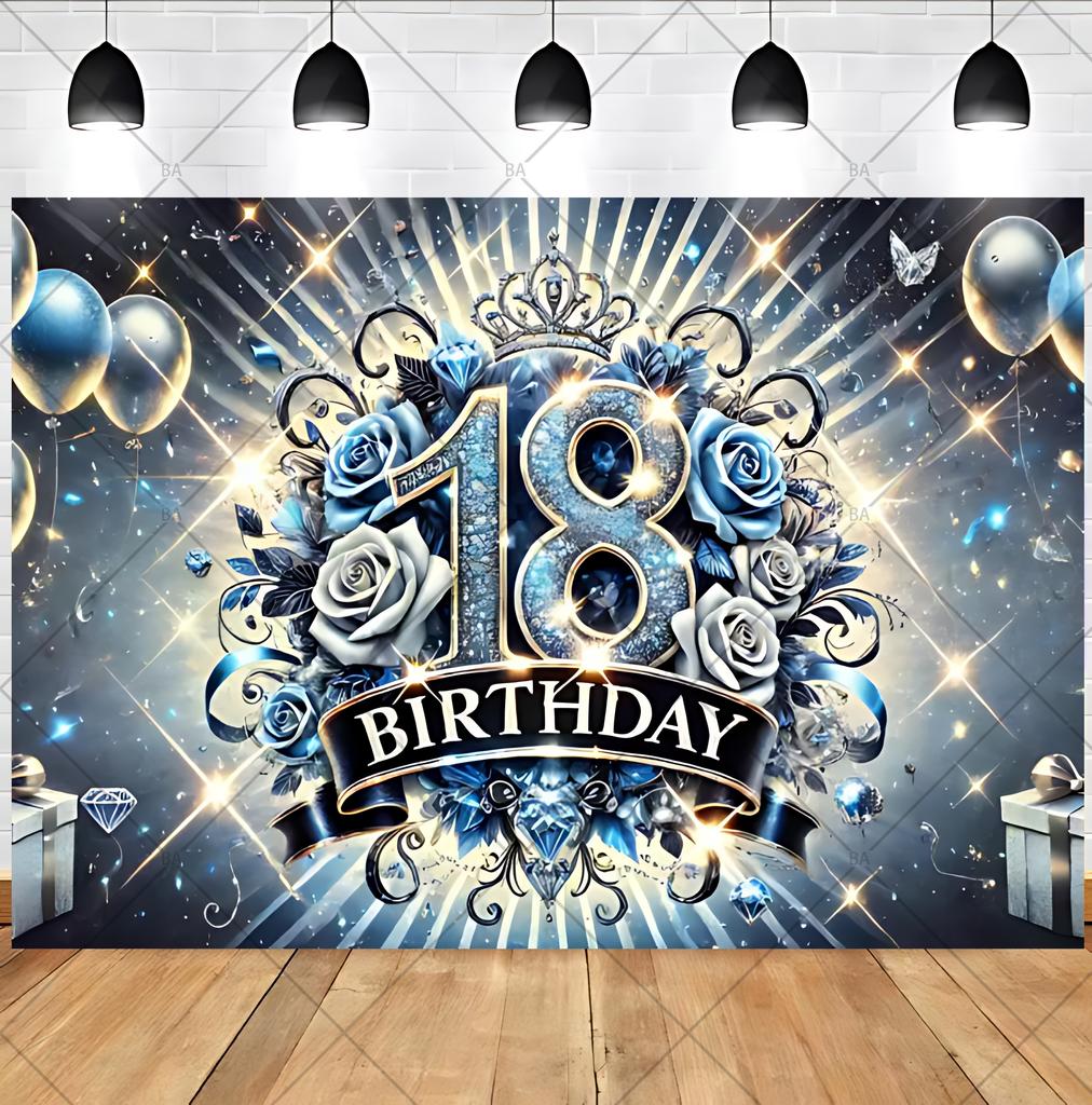 18th birthday party backdrop for a boy or girl, 18 years old, pink, blue, black, gold, glitter balloon, birthday, Bar Mitzvah, photography, ban1614