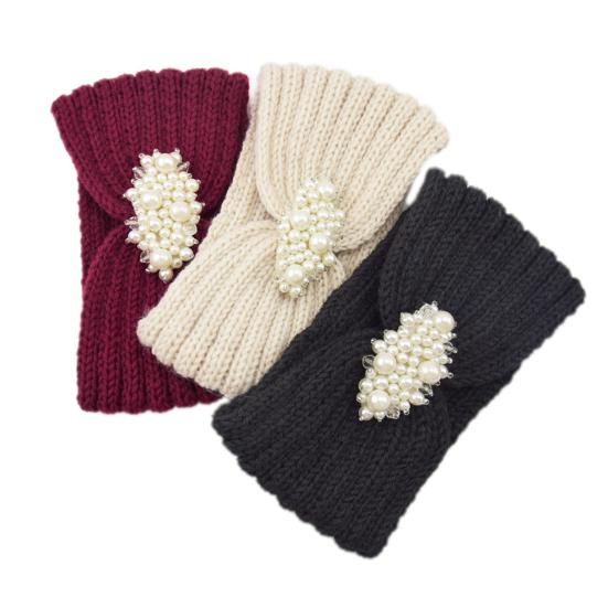 Вязаная повязка на голову Мягкая эластичная широкая повязка для волос с отделкой из искусственного жемчуга Однотонный хедрэп Зимний аксессуар для волос