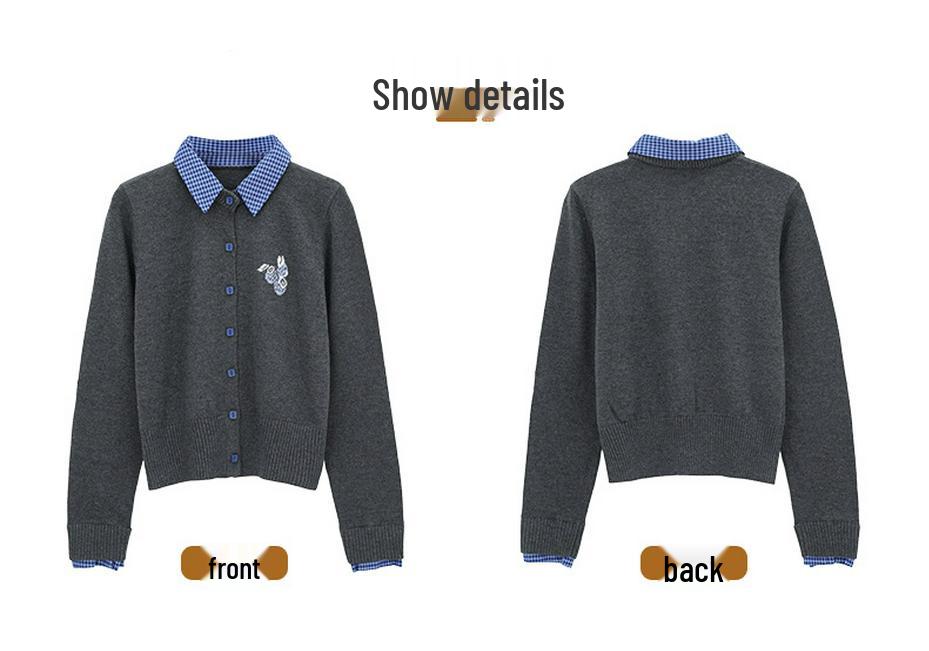 Nanyou Plaid Collar Knit Two-Piece Women's Slim-Fit Wool Blend Cardigan