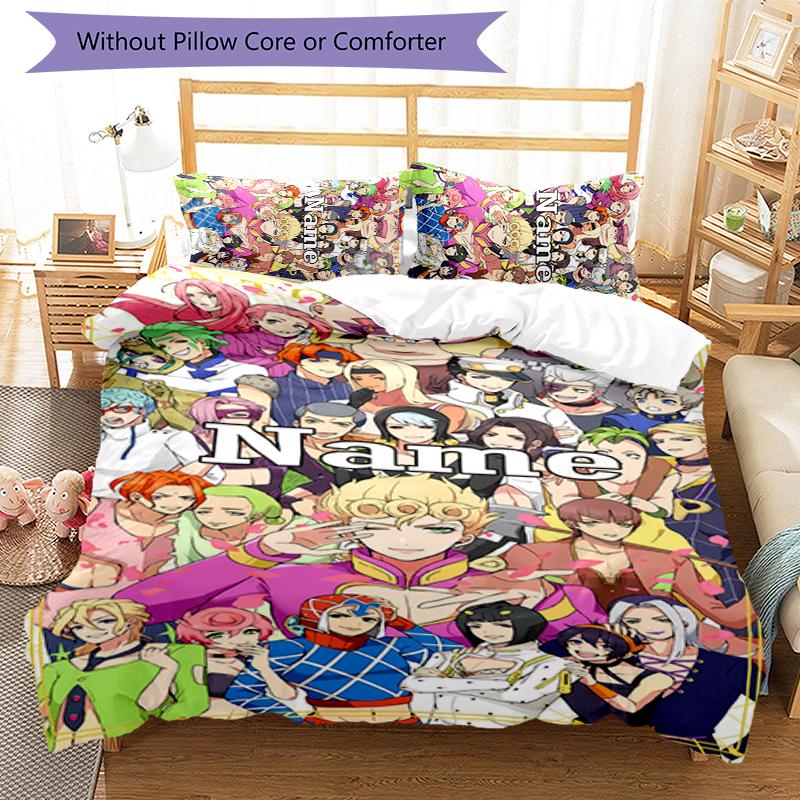 3pcs Custom Name Cartoon JoJo's Bizarre Adventure Bedding Set Duvet Cover Closure Includes 1 Duvet Cover & 2 Pillowcases for All Seasons Bedroom Decor
