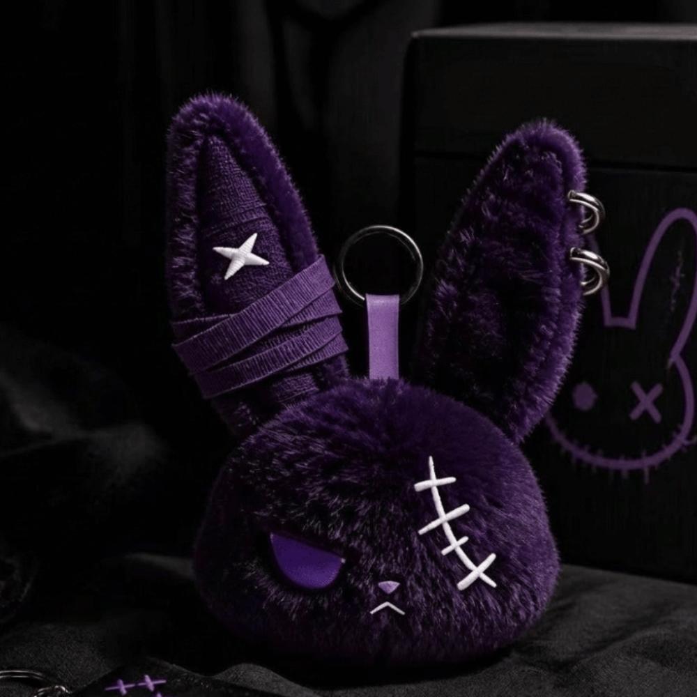 Gothic Wounded Rabbit Keyring Hoop Earrings Cute Furry Bag Pendant  Gift For Women