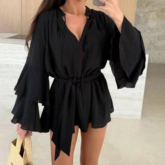 Женское летнее платье-рубашка с оборками, длинными рукавами, V-образным вырезом, короткое платье из шифона, А-силуэта, завязывающегося на талии, струящееся мини-платье
