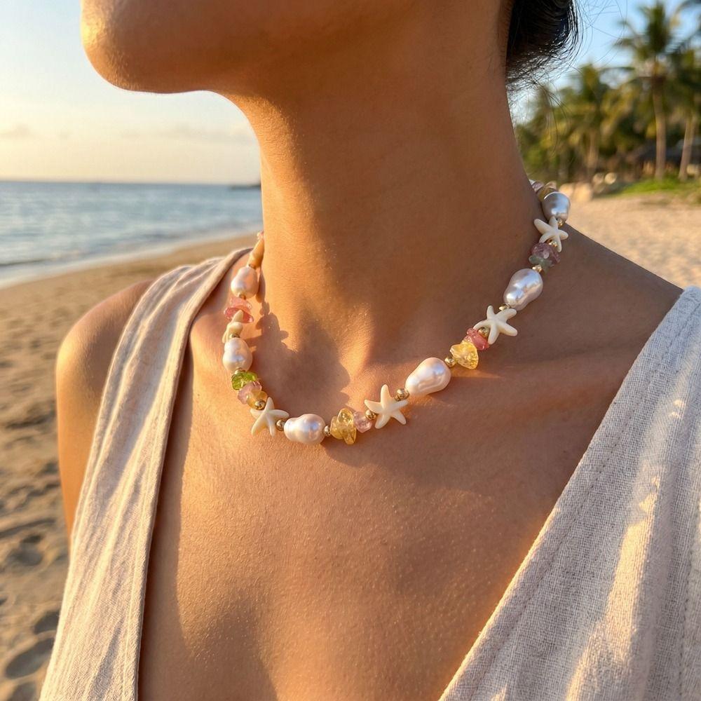 Natural Stone Bohemian Style Necklace Ornaments Beach Beaded Necklace Beach