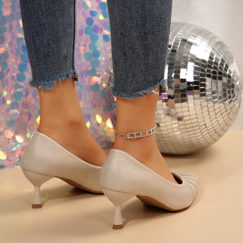 Fashion Women Elegant Spring Pointed Toe Concise Pumps Soft Genuine Leather Shallow Thin High Heel Comfortable Dress Shoes