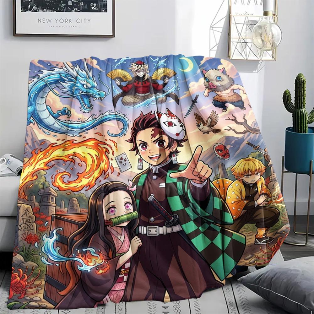 Demon Slayer Tanjiro Flannel Blanket Print Warm Comfortable for Daily Rest Bedroom Sofa Picnic Travel.-TING