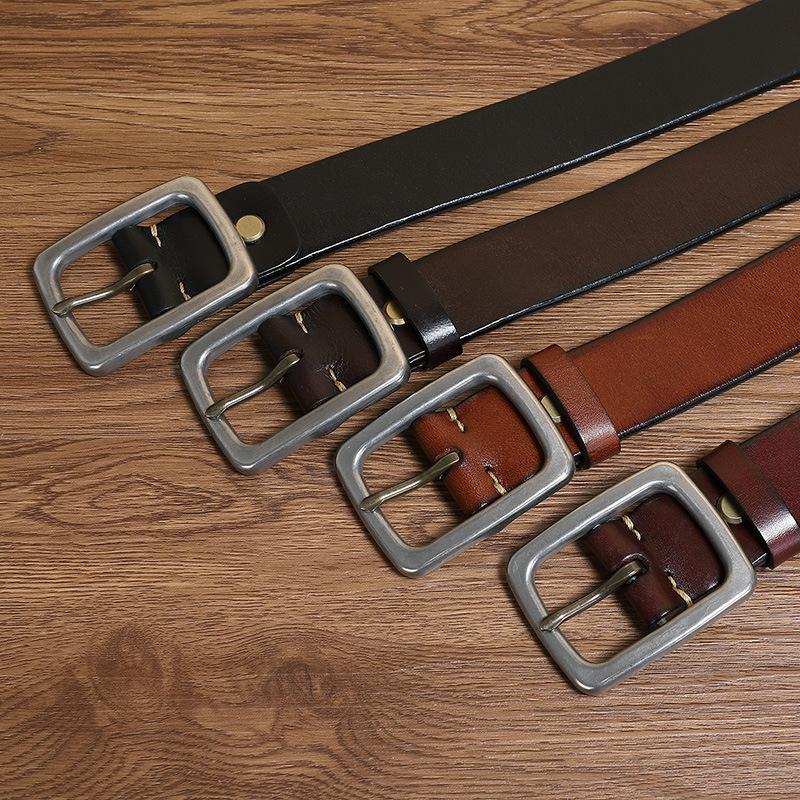Belt Men's Thick Thick Stainless Steel Buckle Genuine Leather Pure Cowhide Retro and Fashion All-Matching Youth Jeans Belt