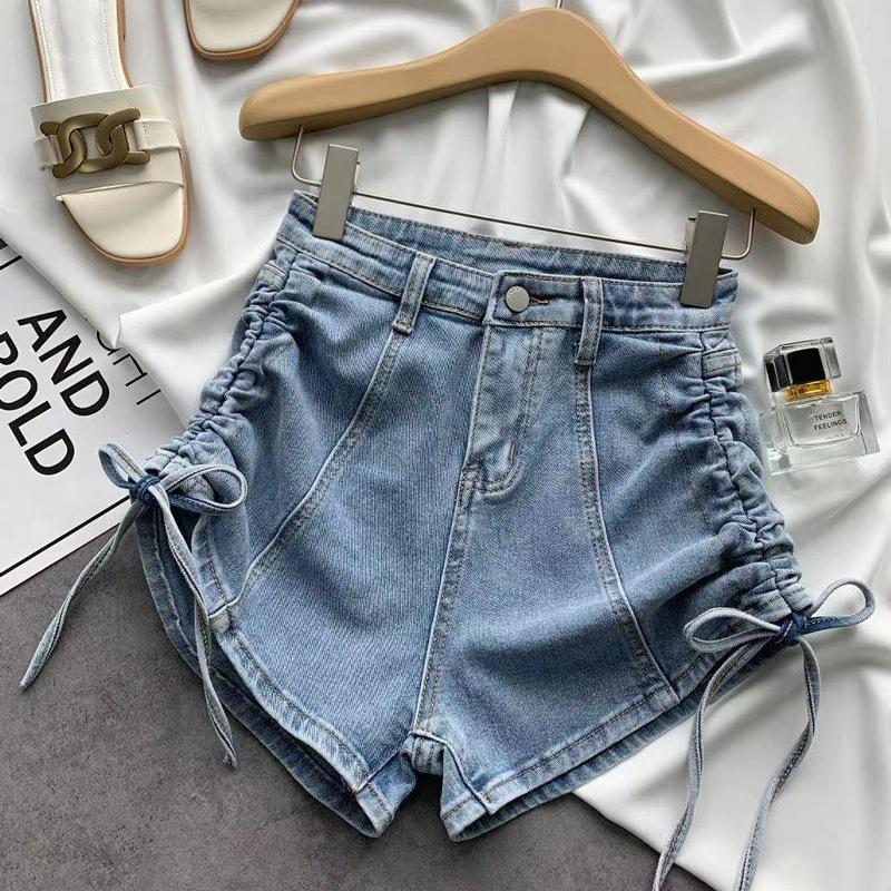 Модные универсальные джинсовые шорты на шнурке, женские летние, тонкие, с высокой талией, эластичные, тонкие, с широкими штанинами, супер короткие брюки