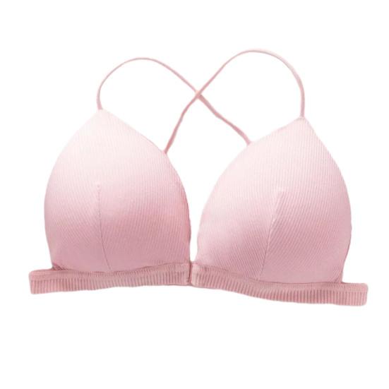 Women Solid Color Bra Triangle Cup Thin Straps Wrapping Chest Front Buckle Wireless Ribbed