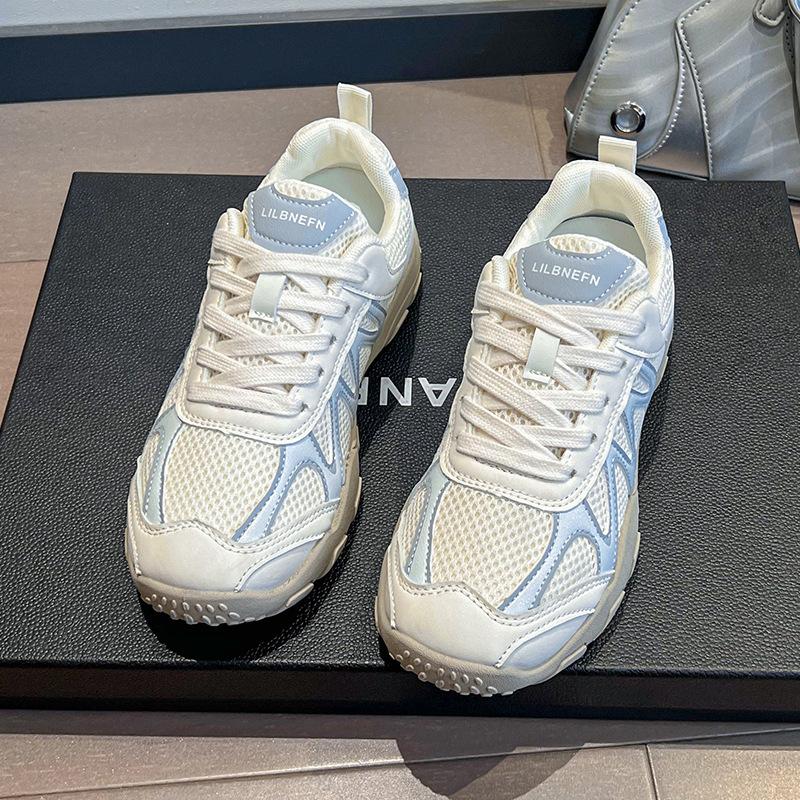 Сетчатые дышащие кроссовки на толстой подошве, женские, 2025 осень, новые, из искусственной кожи, в сочетании цветов, маленькие спортивные и повседневные туфли