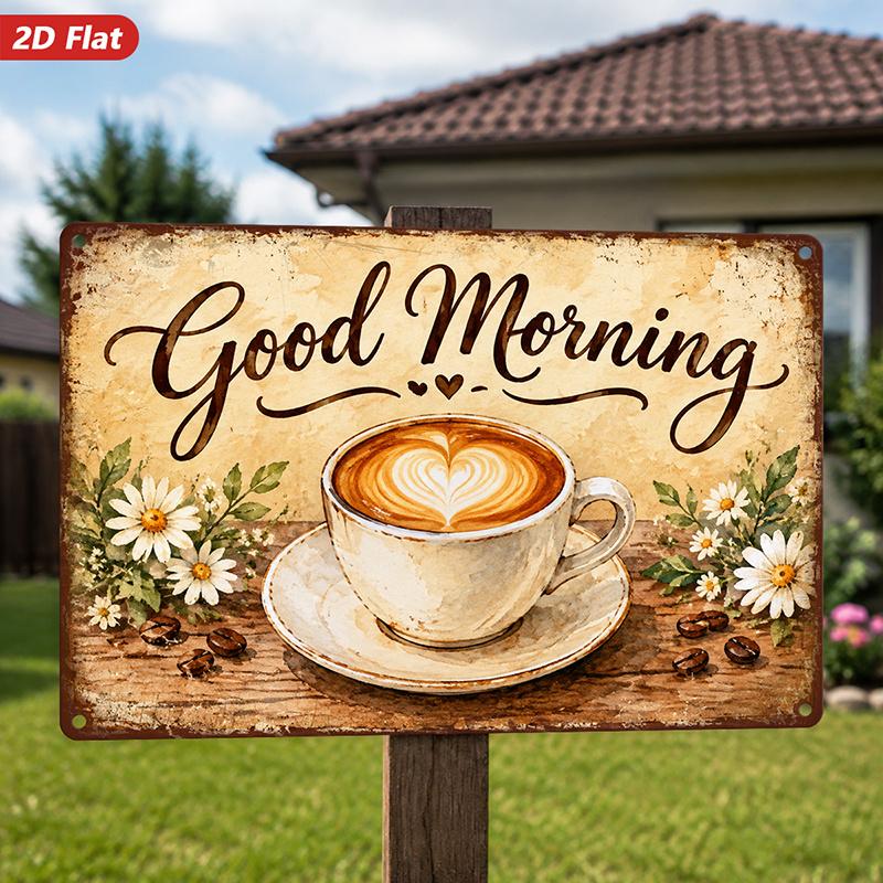 2D Flat, 1pc Good Morning Metal Sign Wall Art, Heart Latte Art, White Daisies, Beans, Rustic Warm Tone, Home Decor, Ideal for Kitchen Dining Room, Saf