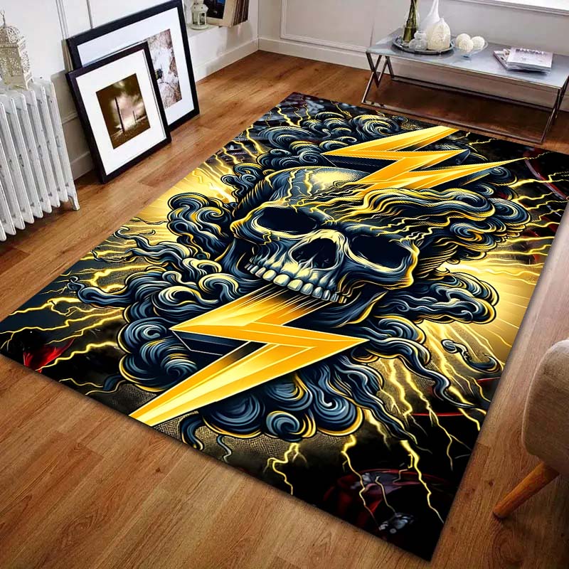 Golden Lightning and Skull Pattern Carpet for Bedroom Living Room Bedside Sofa Floor Mat Modern Home Decor Paly Area Rug
