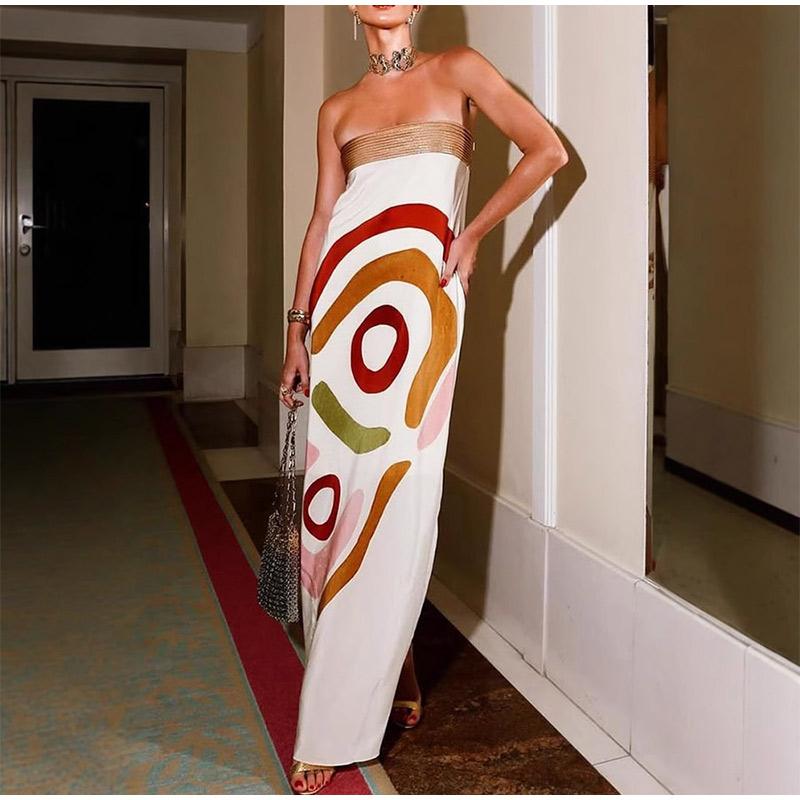 Elegant Slim Sleeveless Patchwork Long Dresses Fashion High Waisted Satin Wrap Hips Dresses Sexy Strapless Print One Piece Dress