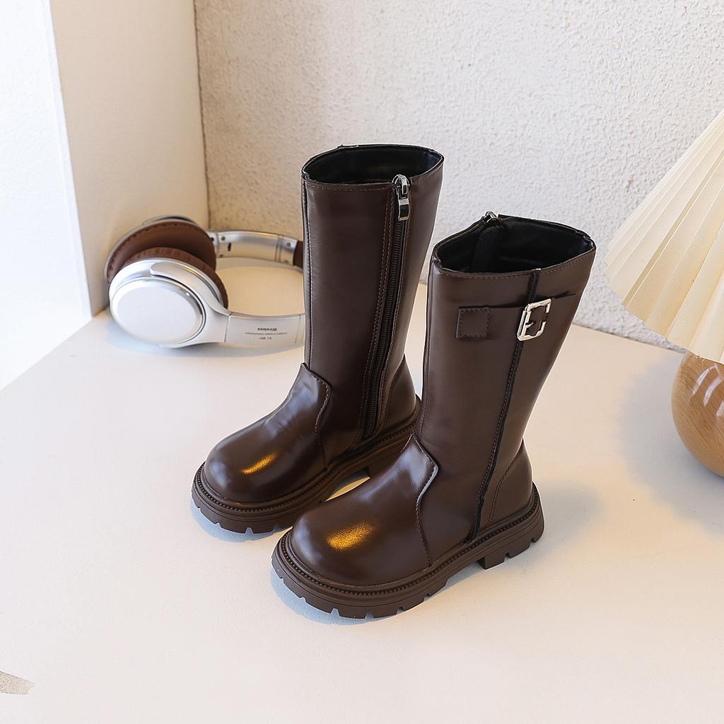 Girls' Fashion High Boots, New Autumn-Winter Korean Style Children's British Style Martin Boots, Double-Layer Cotton Fashion Boots