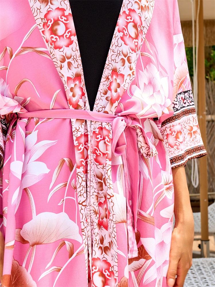 EDOLYNSA Бикини в богемном стиле с принтом, элегантное кимоно с поясом, платье-туника, лето 2024, женская пляжная одежда больших размеров, купальный костюм, накидка Q996