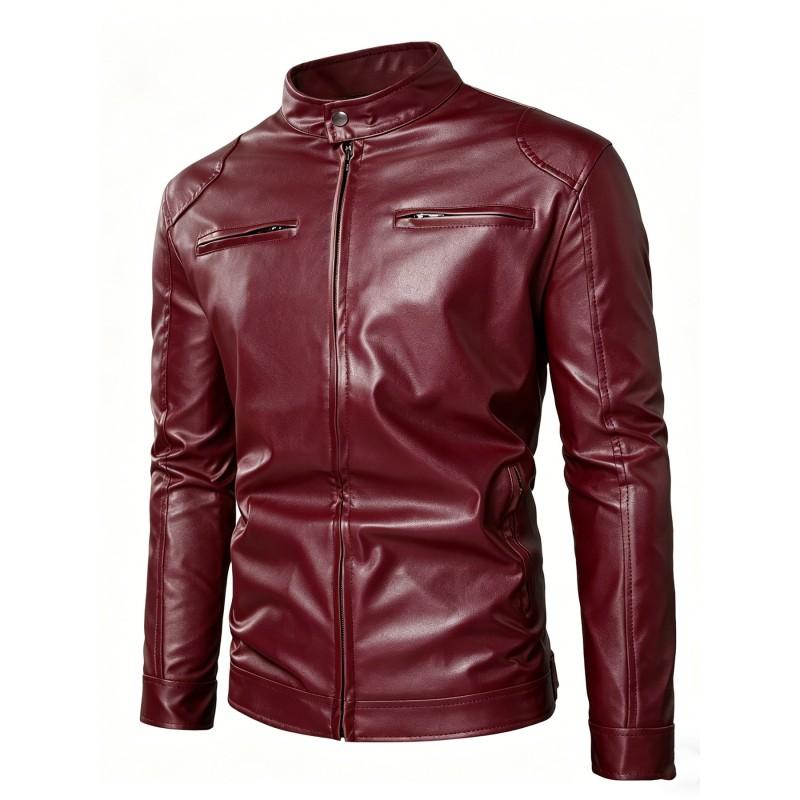 Mens PU Leather Biker Jacket Slim Fit Stand Collar Zipper Casual Streetwear 2026