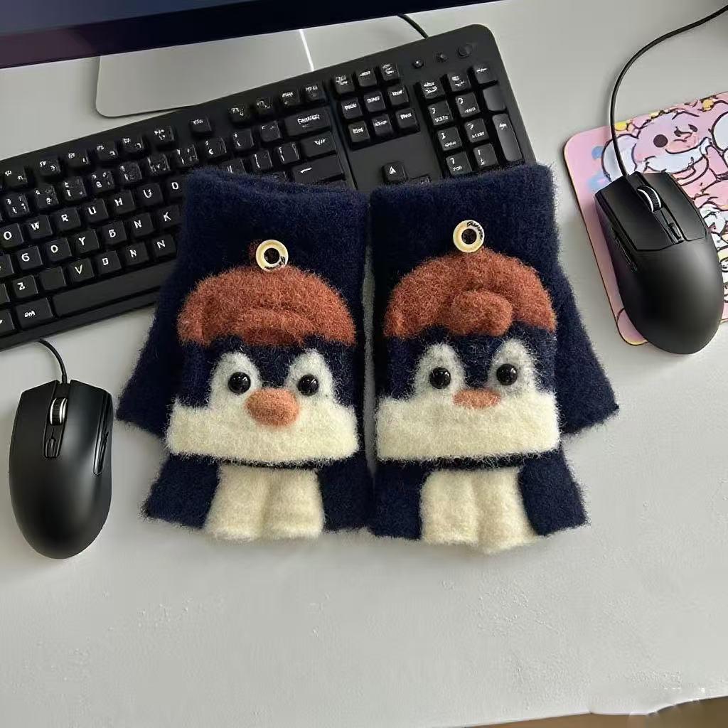 Зимние мультяшные варежки-митенки с пингвинами для студентов: Полупалые, Защищающие от холода для мужчин, женщин и детей