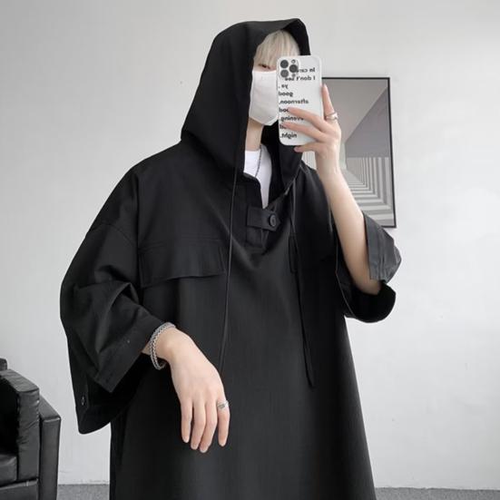 Весенне-летние мужские верхние нагрудные карманы большого размера в стиле хип-хоп, сплошной цвет, с капюшоном, рукава три четверти, тонкая кулиска, мягкая дышащая уличная рубашка, толстовка