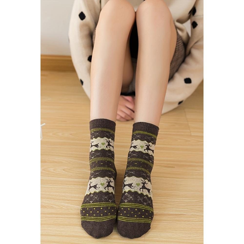 5 Pairs Elk Print Thickened Socks, Comfy & Warm Christmas Mid Tube Socks, Women's Stockings & Hosiery