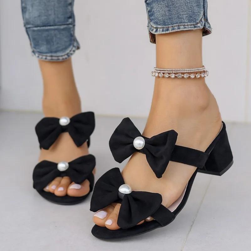 2025 Summer Women's Pearl Bow Tie Slippers Chunky Heel Plus Size Party Sandals for Evening & Daily Wear Slippers Women Zapatos