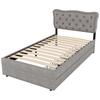 90*200 cm Low Bed, Upholstered Bed, Nightstand Upholstery with Decorative Rivets, Double Drawers, Grey