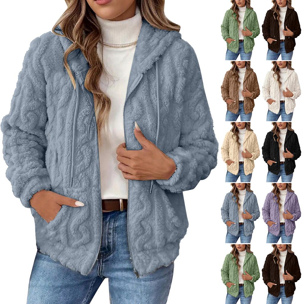 Women's Plush Jacket, Casual Solid Color Hooded Drawstring Jacket