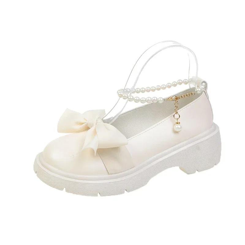 Women Thick Platform Mary Janes Lolita Shoes Party Pumps Summer 2025 New Sandals Bow Chain Shoes Fashion Oxford