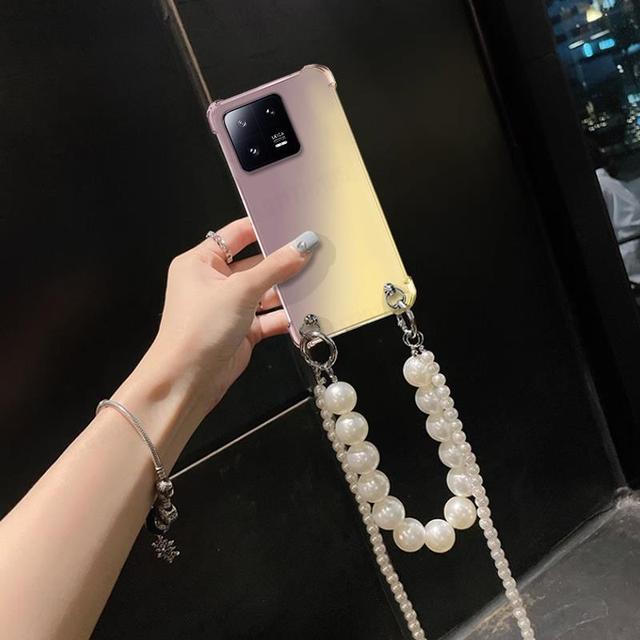 Чехол-ремешок для телефона с цепочкой из жемчуга через плечо для Xiaomi 14T Pro 14 CIVI 13T 14 13 Lite Ultra Redmi 14C Прозрачный градиентный противоударный силиконовый чехол