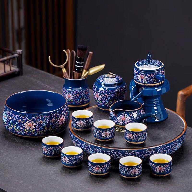 Blue and White Porcelain Kung Fu Tea Set with Automatic Teapot