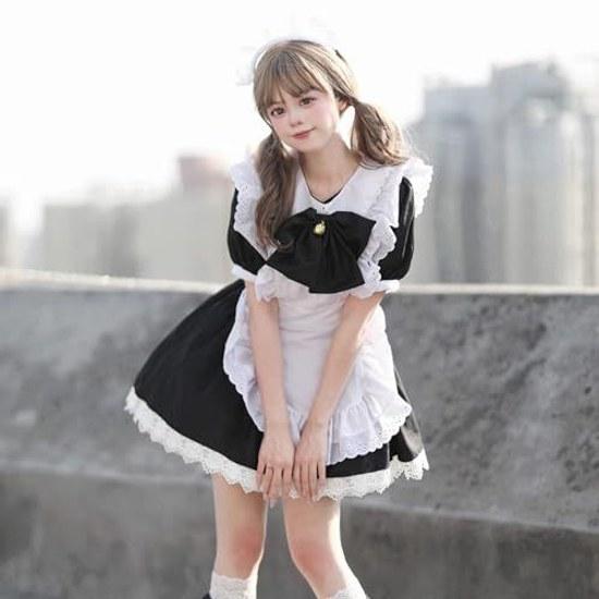 MEYOIJK Maid outfit cosplay moe con cafe classic short length cute lace costume 5-piece set lolita one-piece ladies men large size Halloween popular
