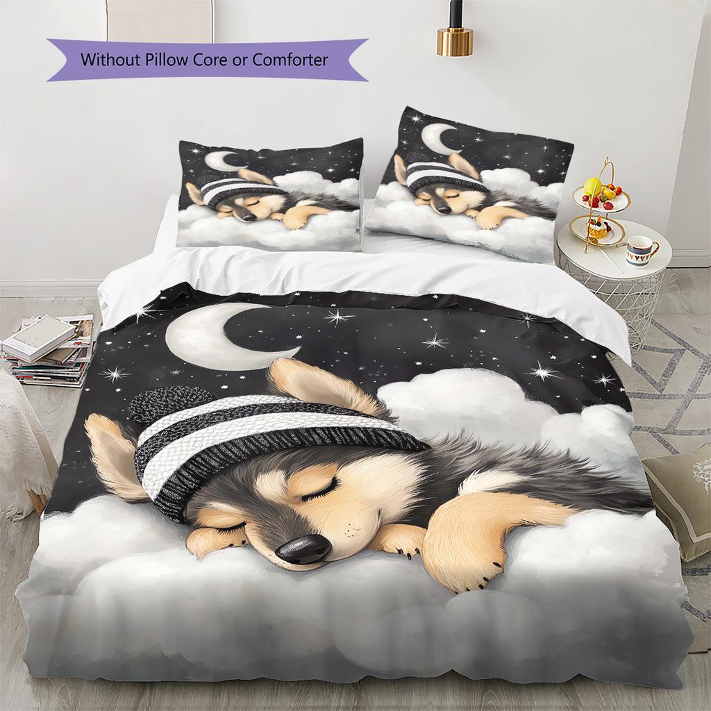 Good Night Dogs Pattern Bedding Quilt Set Quilt Cover Pillowcase Home Decoration Birthday Gift (1 * duvet cover + 2 * pillowcase, without core)