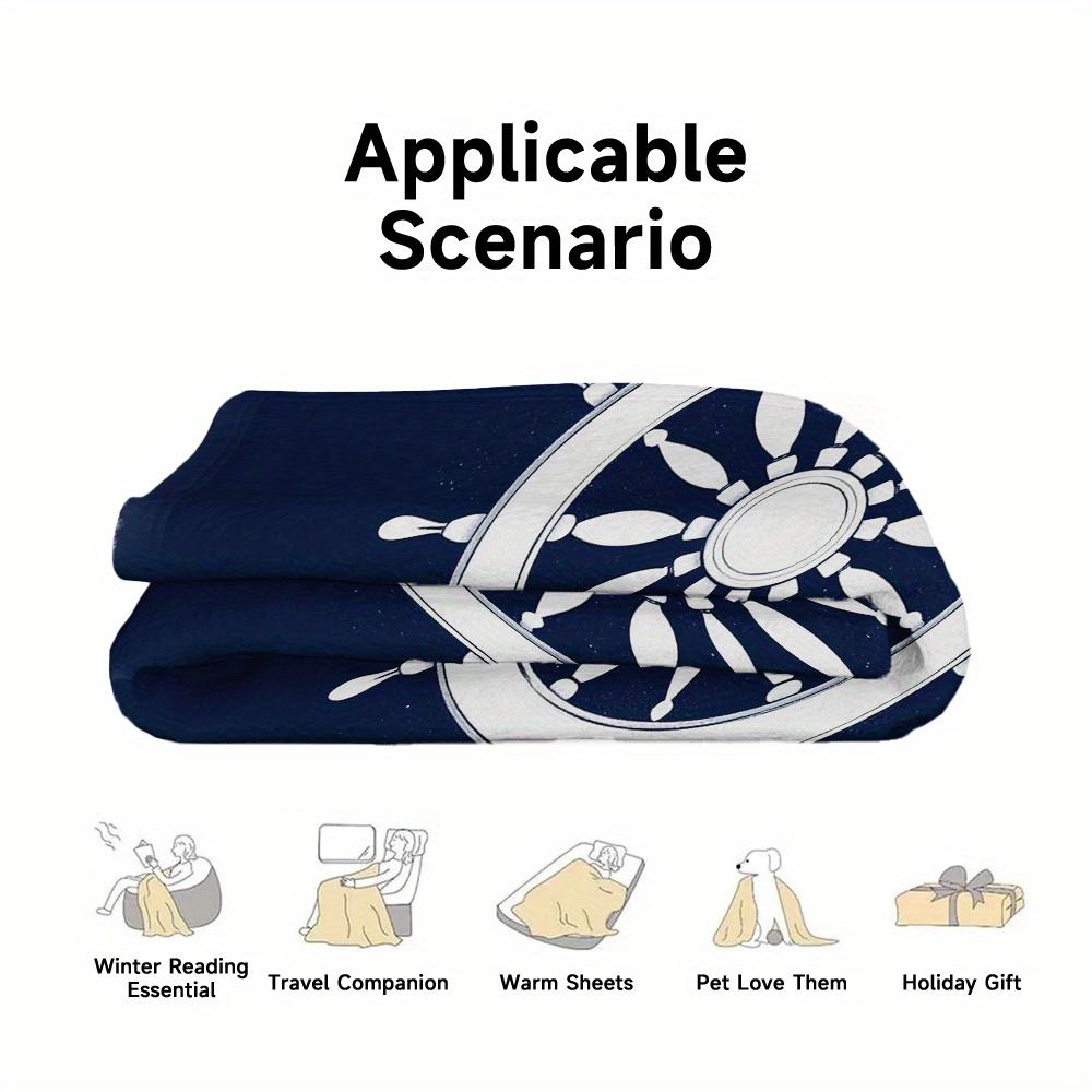 Nautical Ship Wheel Flannel Throw Blanket Navy Blue White Rudder Print Lightweight Ocean Theme Home Blanket