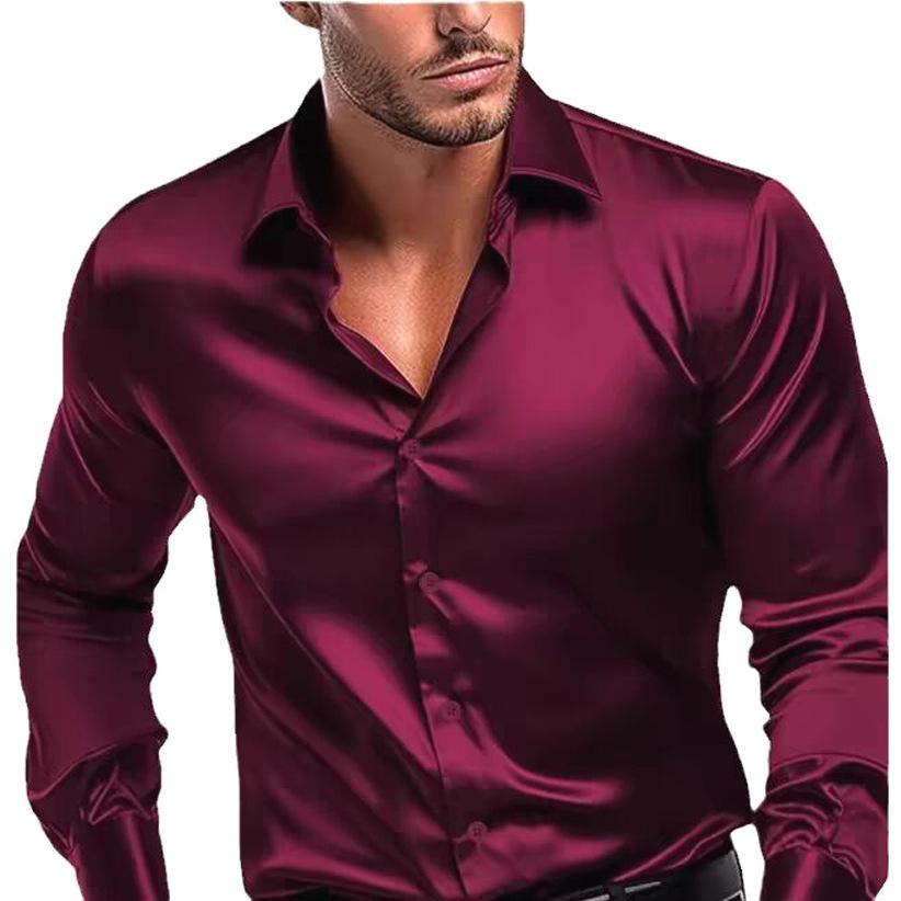 Men Burgundy Silky Satin Long Sleeve Casual Business Work Shirt