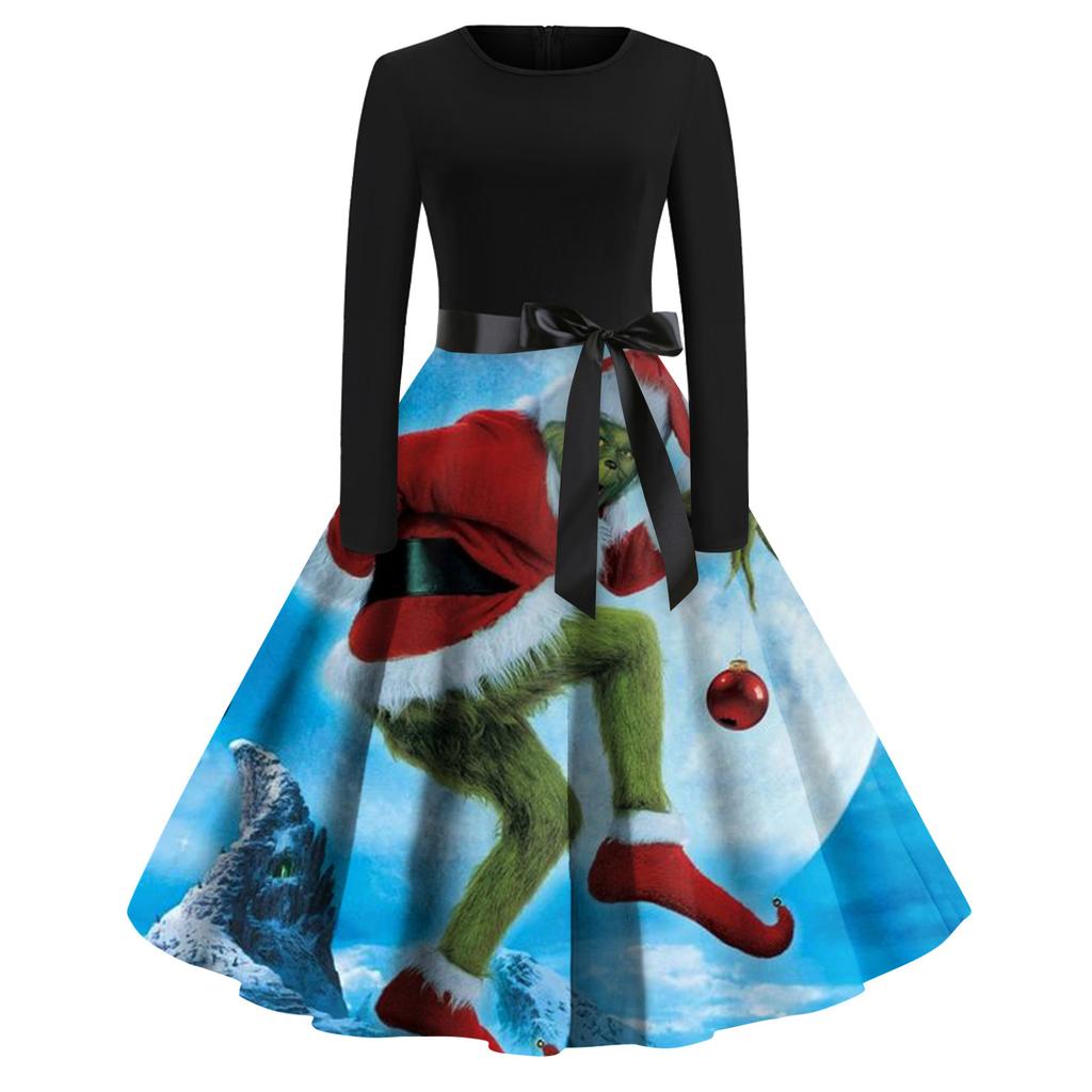 Женское рождественское расклешенное платье с принтом для женщин, платье с длинным рукавом, вечерние повседневные платья