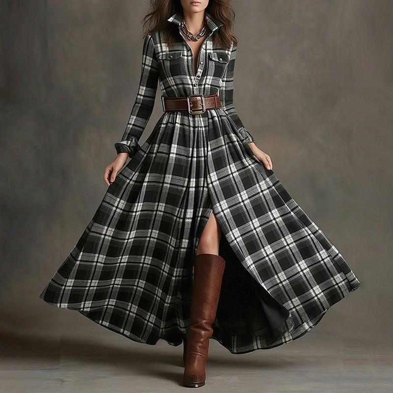 2026 Женское платье в стиле французский шик, миди или макси, с высокой талией, А-силуэта, с асимметричным подолом, в полоску или клетку, с длинным рукавом