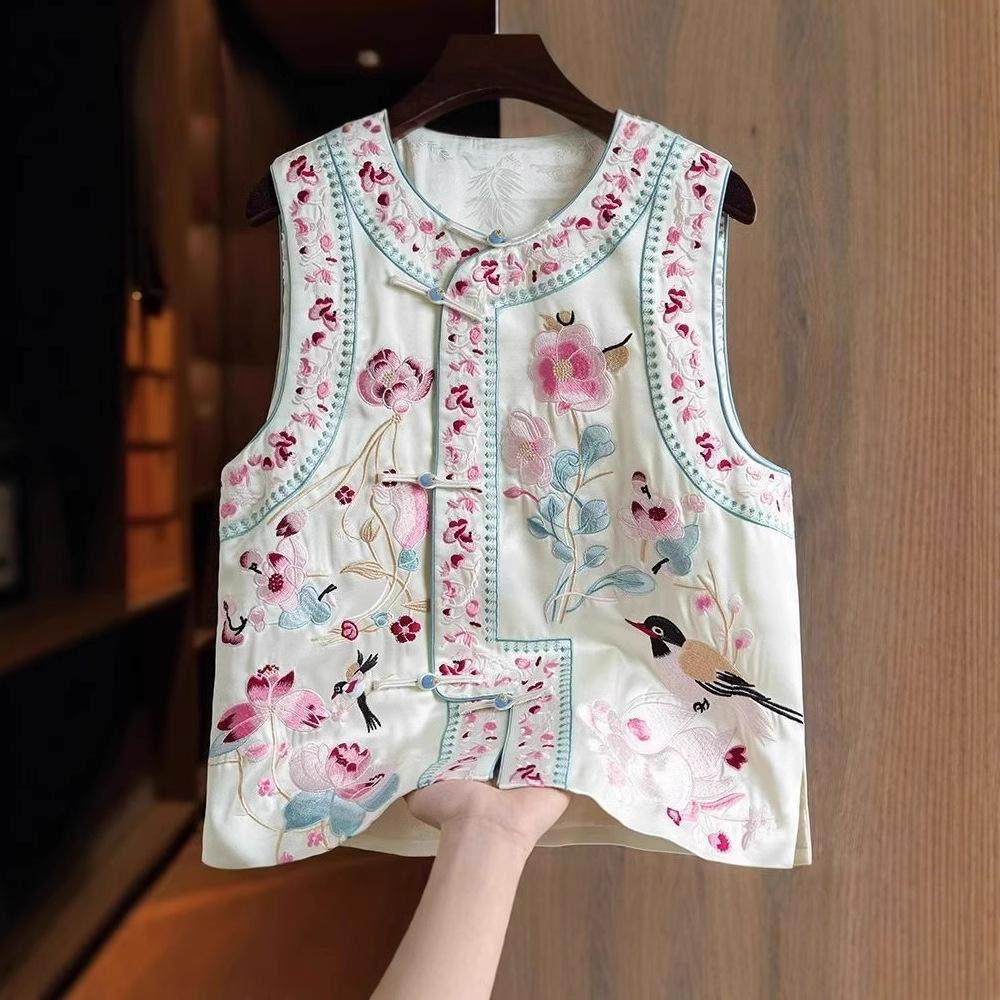 Женский ретро кардиган без рукавов: Китайский стиль с обильной вышивкой и застежкой-лягушкой - Универсальный весенне-осенний жилет