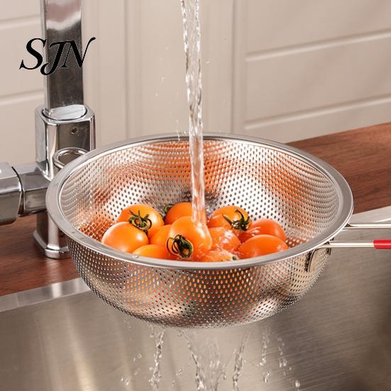 Stainless Steel Colander Rice Washing Basket, Red Handle Fine Fruit Rinsing Tool Mesh Strainer, Heat-Insulating for Vegetable Draining Multi