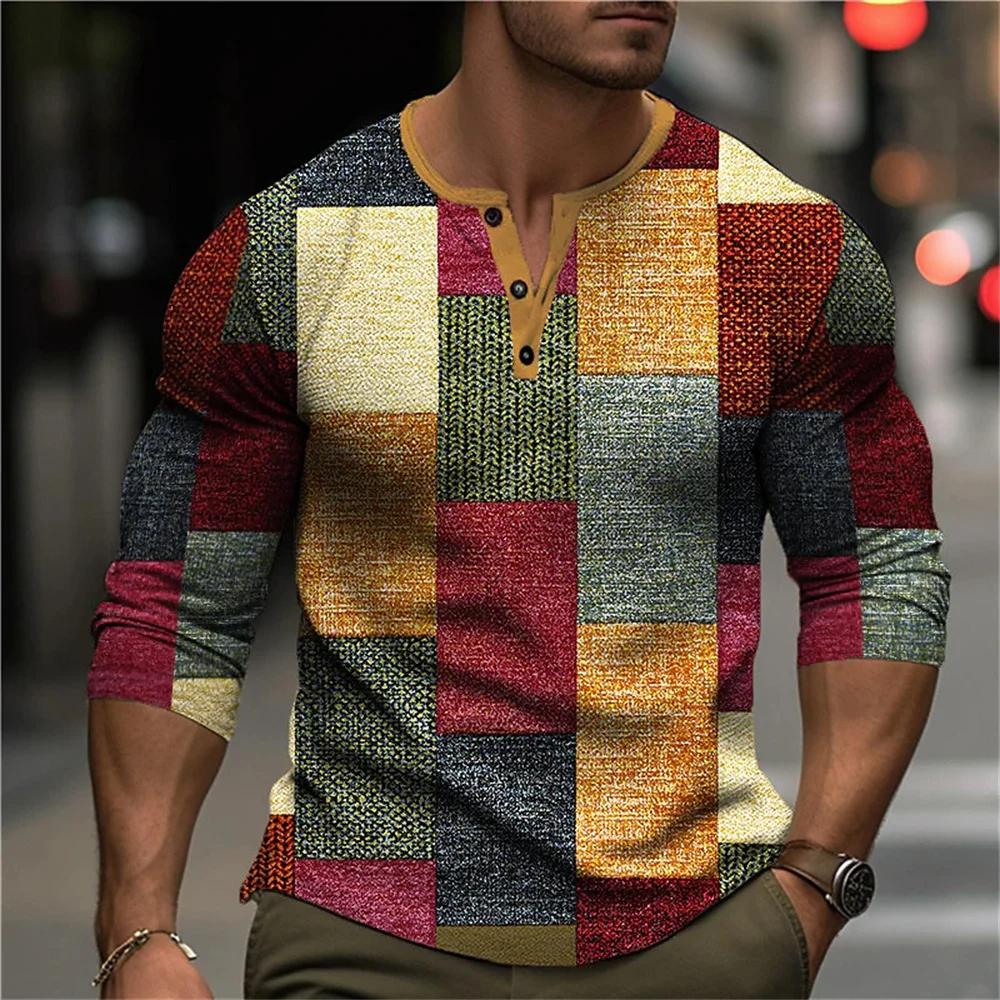 Осенняя рубашка-henley с блоками цвета и пэчворком, 3D-печать, мужская мода, винтажная, на пуговицах, с длинным рукавом, мужские футболки, топы, одежда