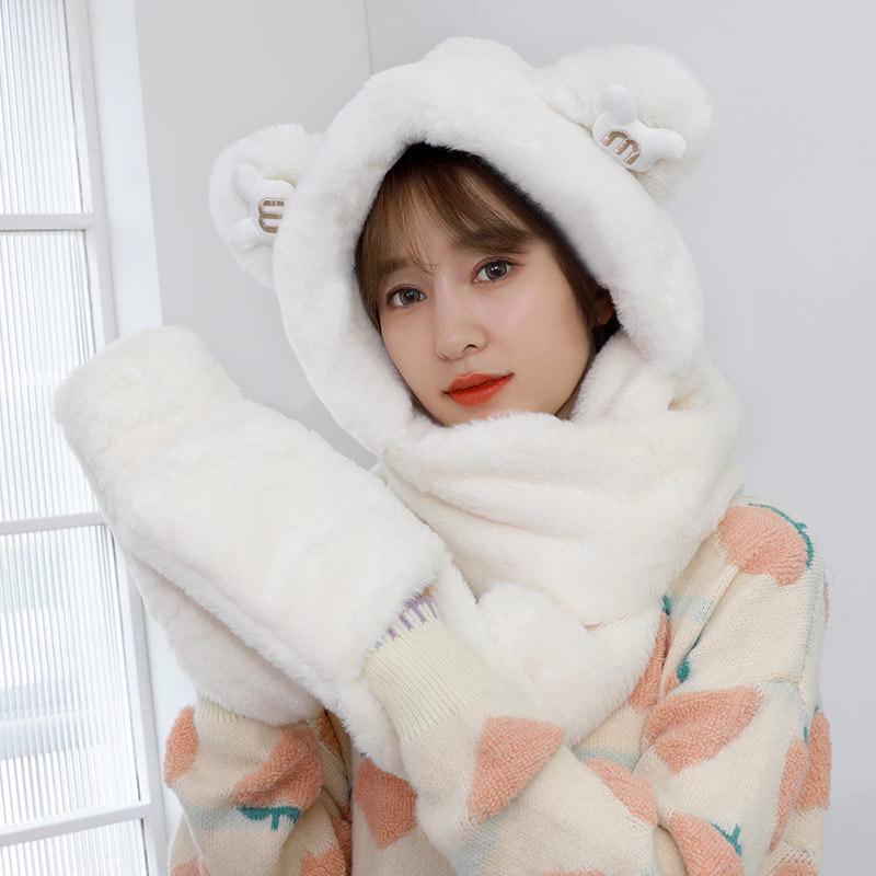 Women's Cozy Fox Ear Plush Hat with Integrated Scarf - Warm, Soft Lei Feng Design for Autumn and Winter. Perfect Ear Protection for Students.