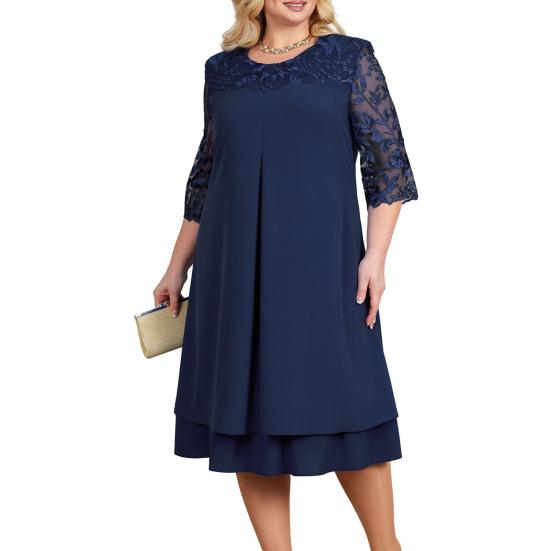 Formal Dress Elegent Beauty Lady Dress Embroidery Plus Size Midi Dress Loose Round Neck Floral Net Yarn