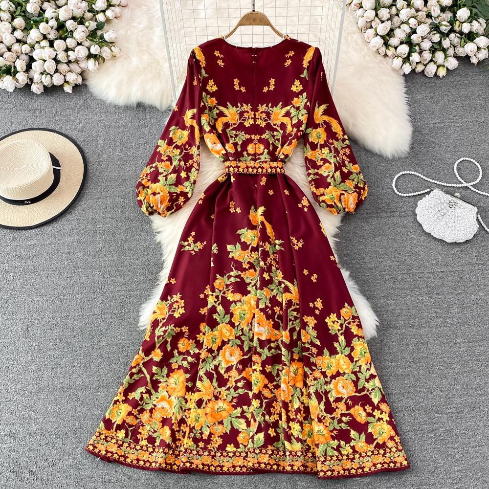 RUGOD Весенне-осеннее высококачественное платье трапециевидной формы с круглым вырезом и длинными рукавами и принтом на талии, элегантное длинное свободное платье