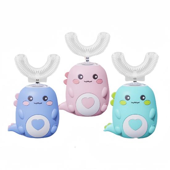 Детская U-образная ультразвуковая электрическая зубная щетка с 2 силиконовыми насадками, водонепроницаемая IPX7, автоматическая, мультяшный динозавр, для малышей, мальчиков, девочек, перезаряжаемая