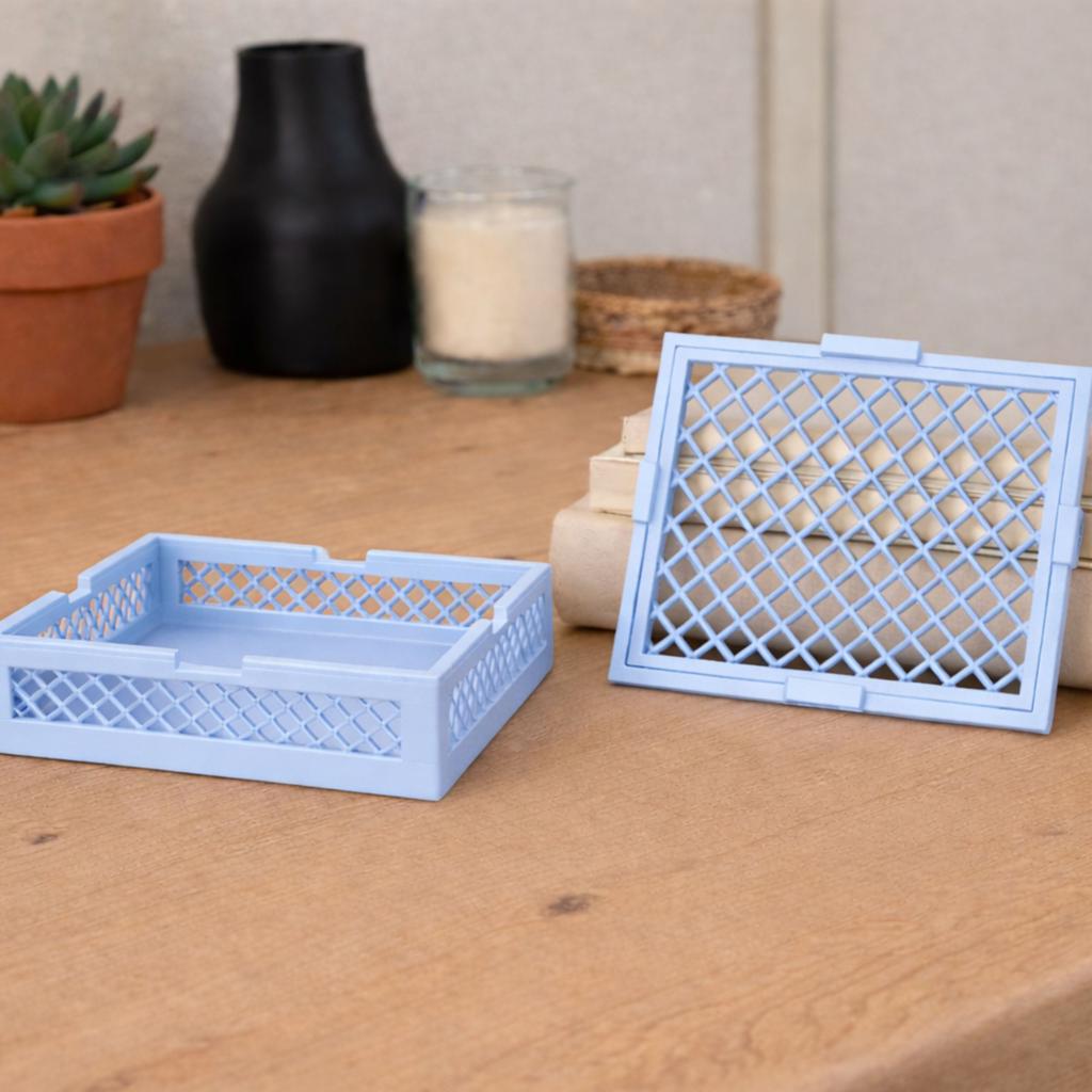 Container with lid, blue, openwork organizer for small items for the home