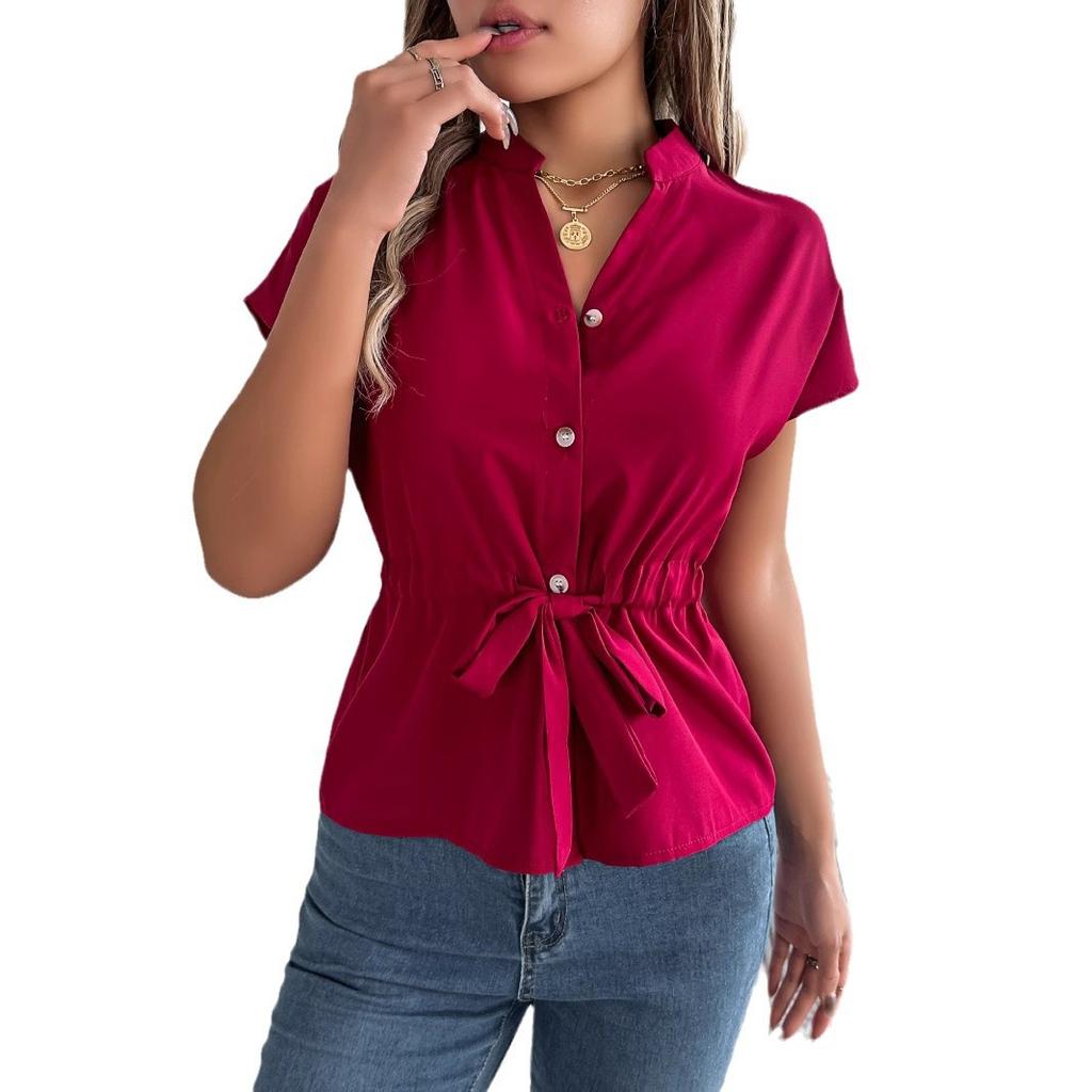 Spring Summer Women's Casual Solid Colour Button Drawstring Short Sleeve Shirt