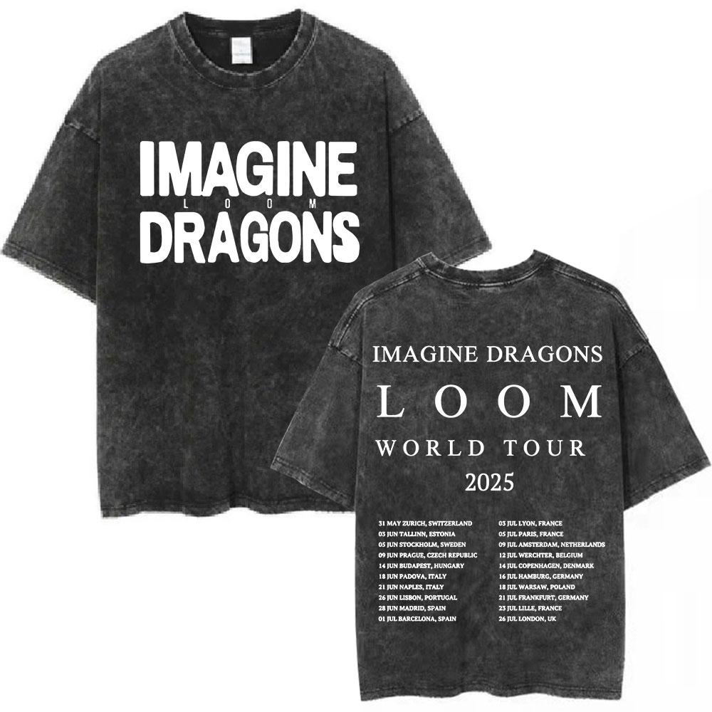 Imagine Dragons Band Loom World Tour Vintage Washed T Shirt Men Women Clothes Fashion Hip Hop Tshirt Cotton Loose Tshirts