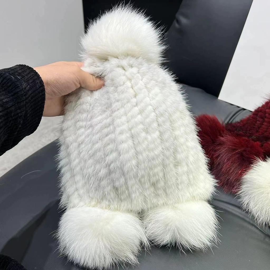 Женская шапка из норки Зимняя утолщенная теплая защита ушей Вязаная шапка из норки Меховая шапка с помпоном из лисы