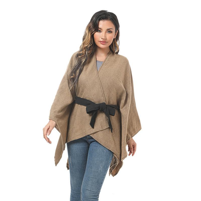 Монохромный поясной разрезной вязаный платок тканый плащ теплый шарф для женщин