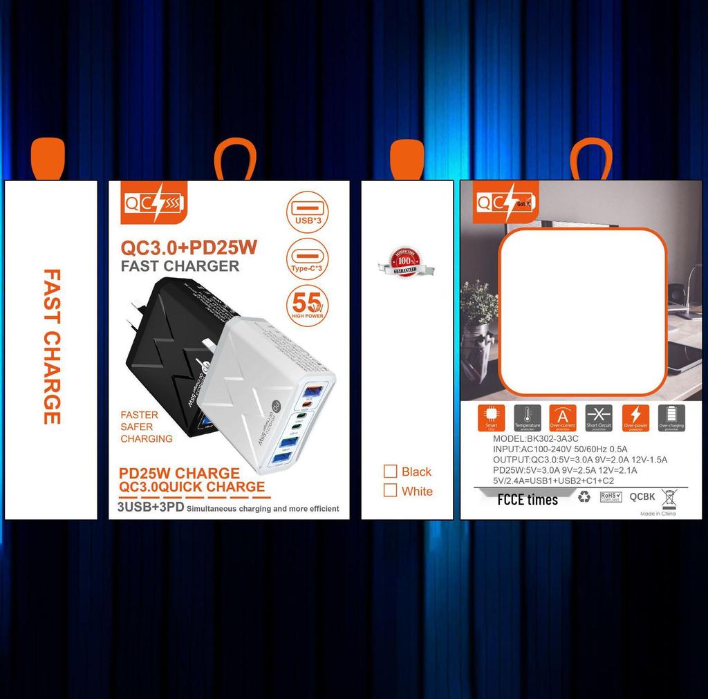 Быстрое зарядное устройство PD 25 Вт на 6 портов: 3 USB, 3 PD 55 Вт с QC3.0 – Штекеры EU, UK, AU